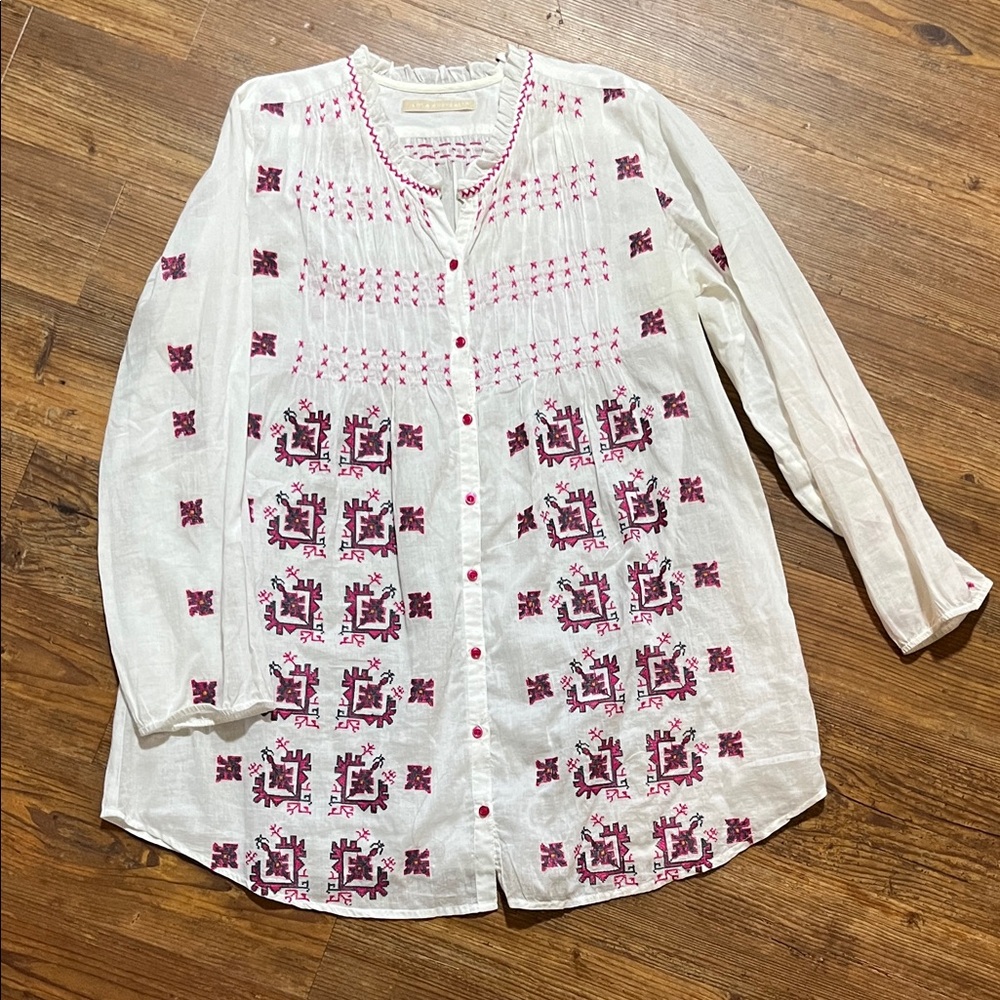 Lola Australia White Blouse with Pink Embroidery